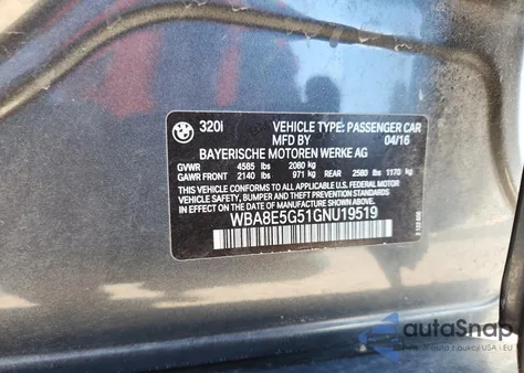 2016 BMW 320 Xi из США, поврежденный, VIN WBA8E5G51GNU19519